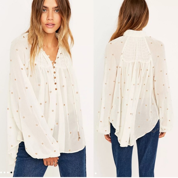 FREE PEOPLE Sheer Cream Metallic Gold Clip Dot Smocked Oversized Tunic Blouse - Picture 3 of 17